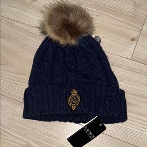NWT!! Ralph Lauren Dark Blue Cable Knit Beanie with Brown Fur Pom